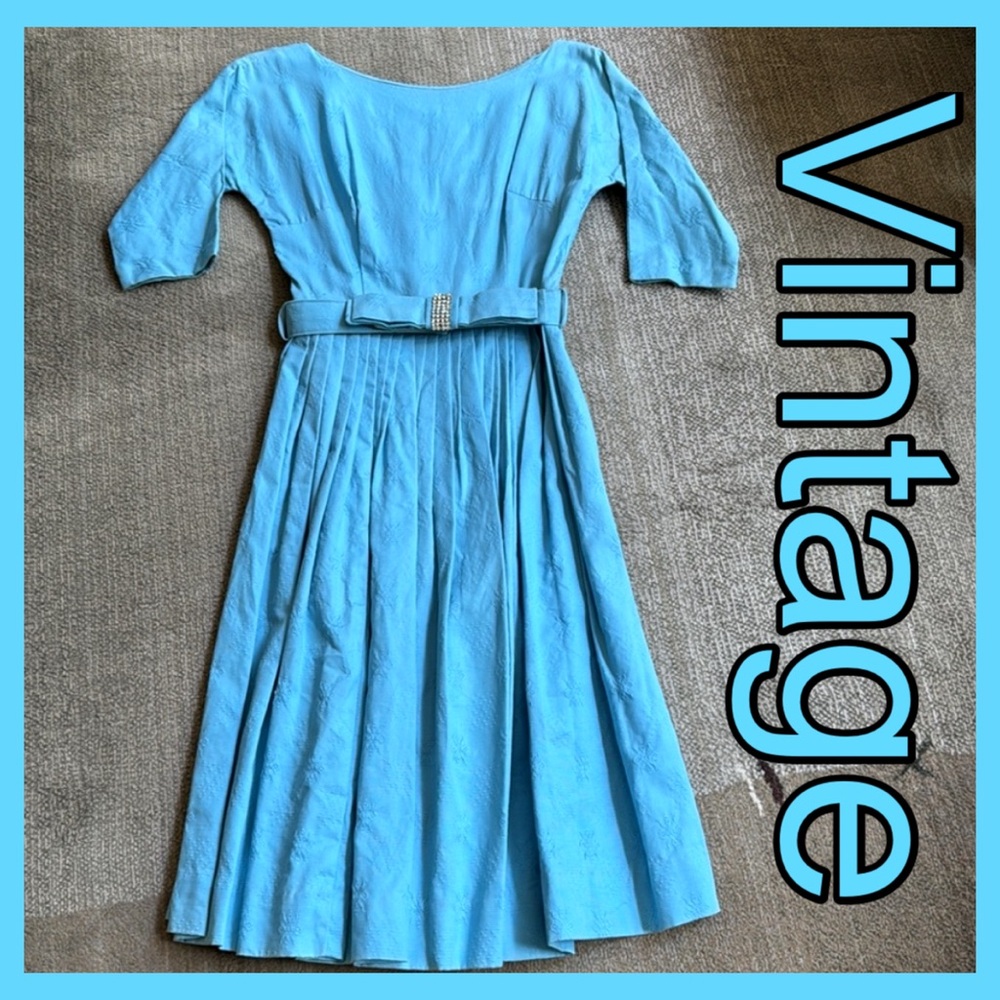 VINTAGE BLUE DRESS SHORT-SLEEVED BELTED Sz 7